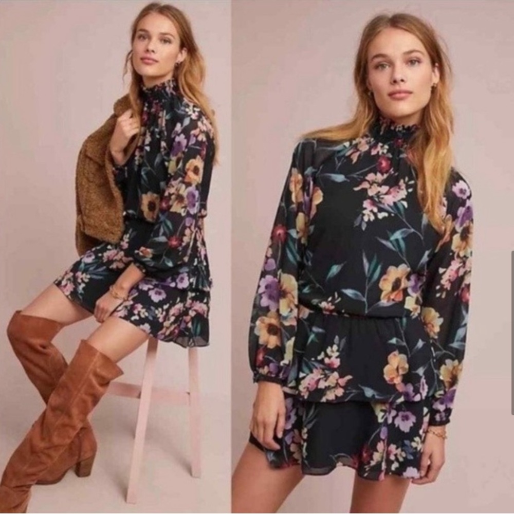 Anthropologie Yumi Kim Class Act Floral Long Sleeve Mock Neck Ruffle Dress NWT